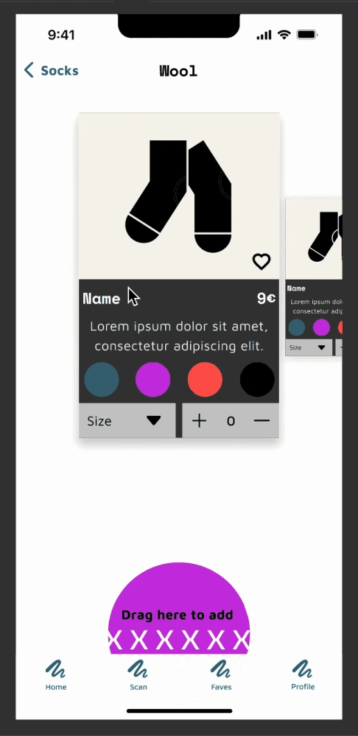 wireframe of a pair of socks going in to online shopping cart